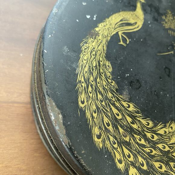 Vintage 1920-30s Round Tindeco Metal Tin Gold Peacock on Black 6” - Picture 8 of 14